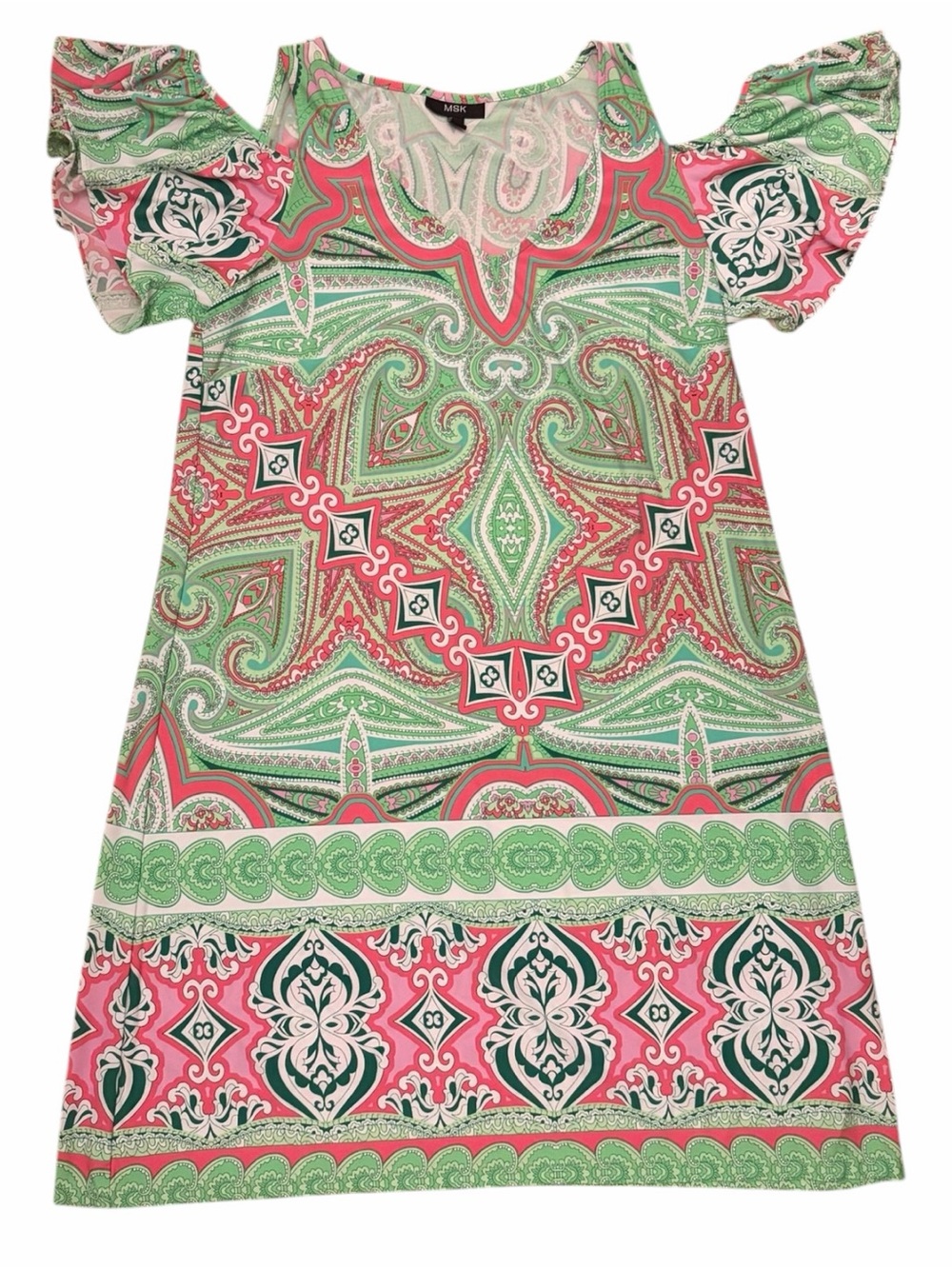 Pink & Green Paisley Cold Shoulder Dress Pink Green Summer Resort Dress